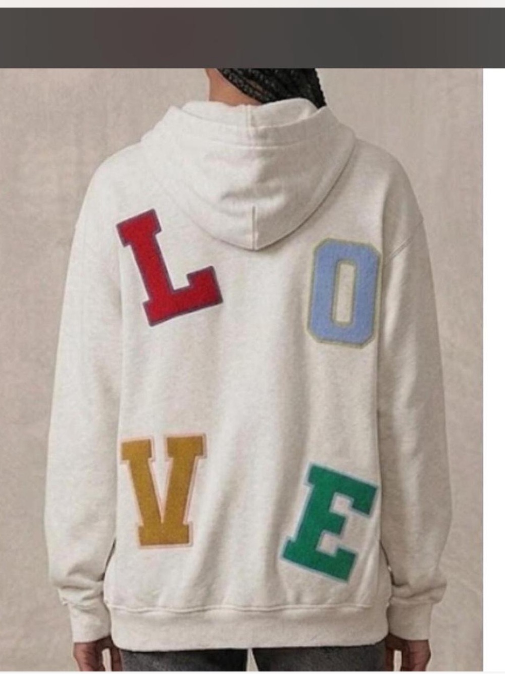 Aerie LOVE Letter Patchwork Oversized Hoodie Cream Soft Fleece Pullover Small